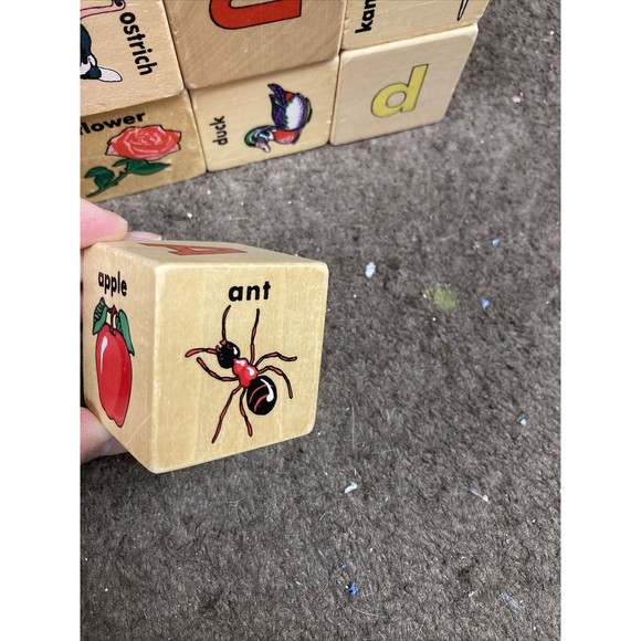 Lot 25 Wooden Toy Blocks Vintage Alphabet Letters Animals Object Wood Cube - Picture 4 of 11